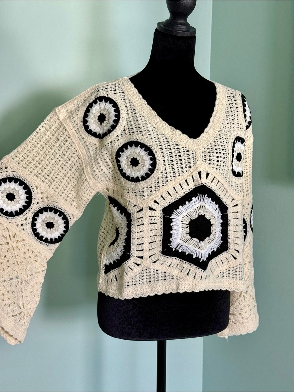 Boho Cream Crochet V-Neck Sweater with Black Motif by AZ size S